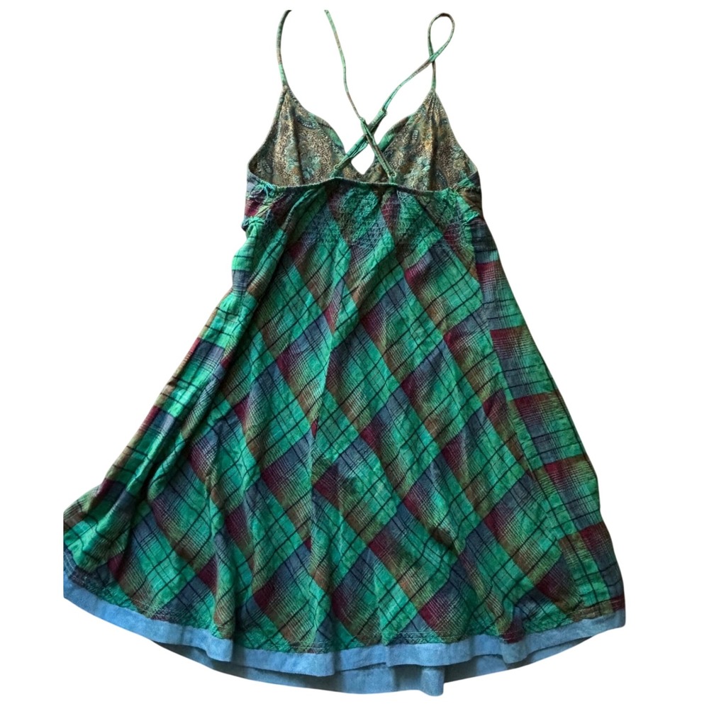 Free People Dress Womens 4 Green Plaid Mini Smocked Back Strappy Boho Cotton